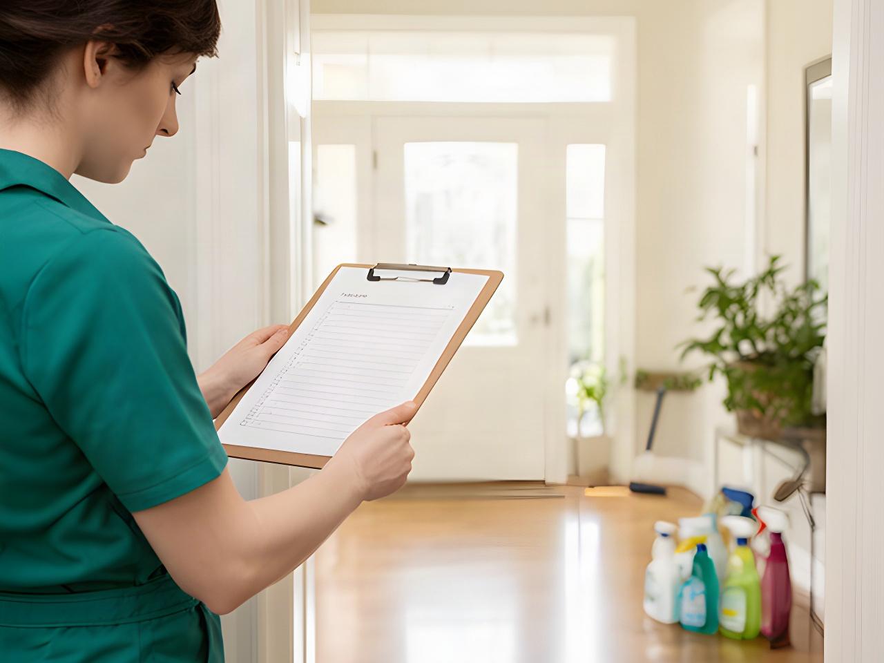Cleaning professional reviewing a service checklist at a bright residential entryway