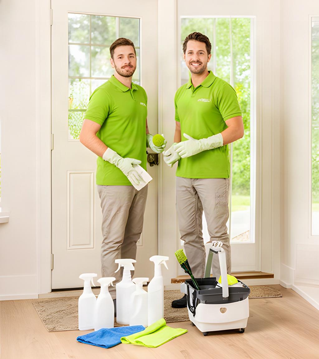 Two professional cleaners preparing supplies beside a bright Alpena Township home