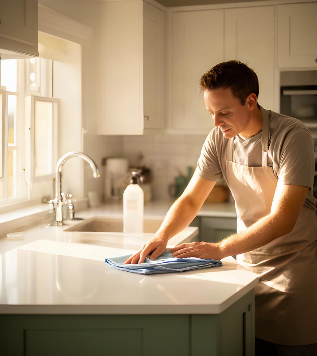 Cleaning professional wiping a sunlit kitchen in a residential Alpena Township home