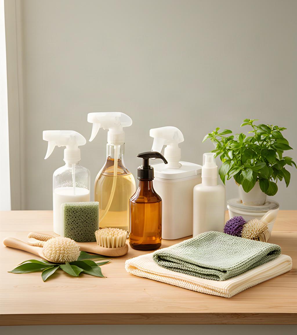 Plant-based biodegradable cleaning products arranged on a clean wooden counter