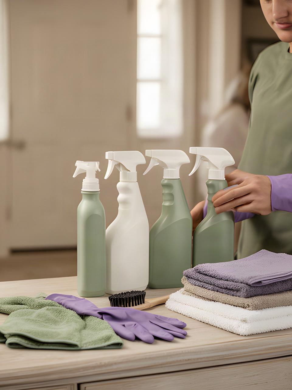 Cleaner preparing supplies on a tidy entryway table inside an Alpena area home