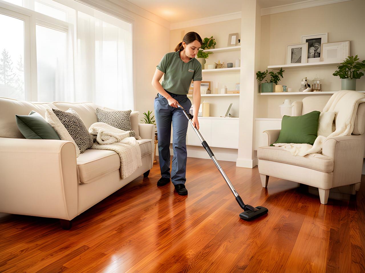 Professional cleaner vacuuming a family living room with neatly arranged furniture and hardwood floors