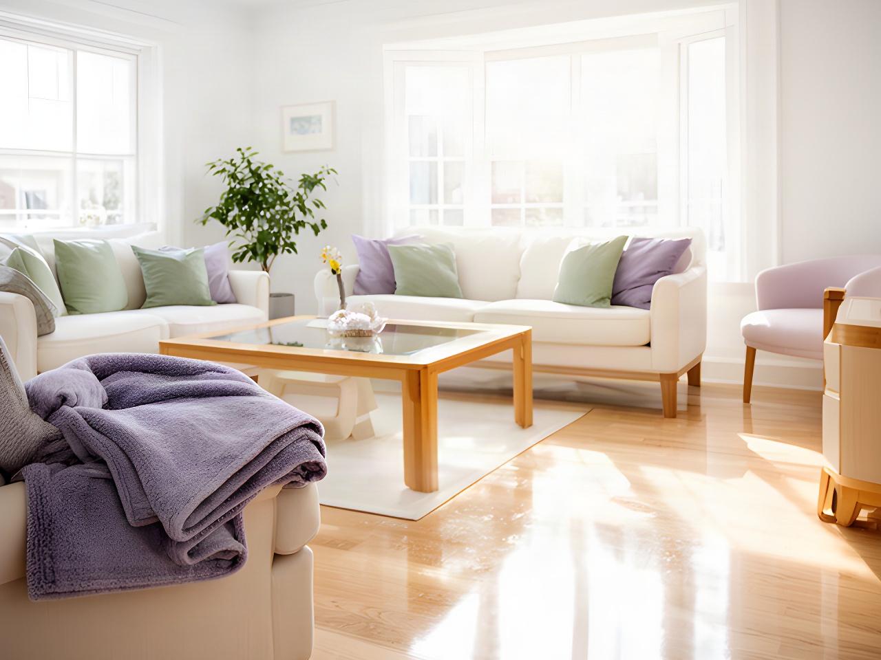 Freshly cleaned living room with bright windows, polished surfaces, and a folded blanket on an armchair