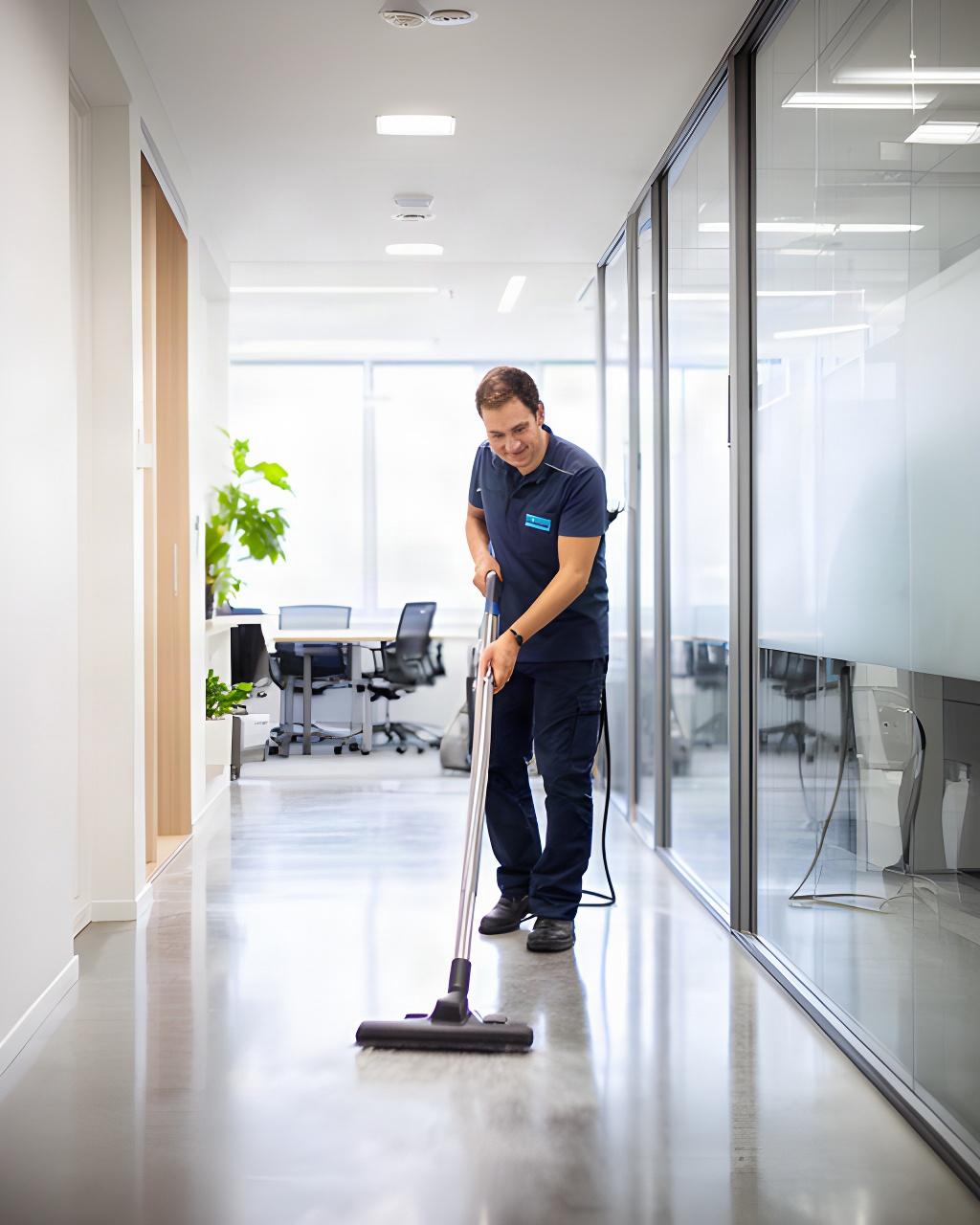 Uniformed cleaner vacuuming a sunlit office hallway with glass meeting rooms