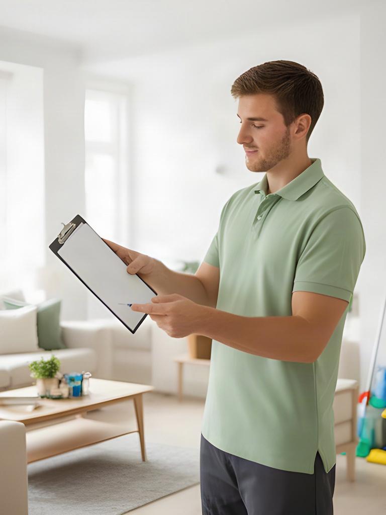 Cleaning professional reviewing a client checklist in a bright Alpena Township home