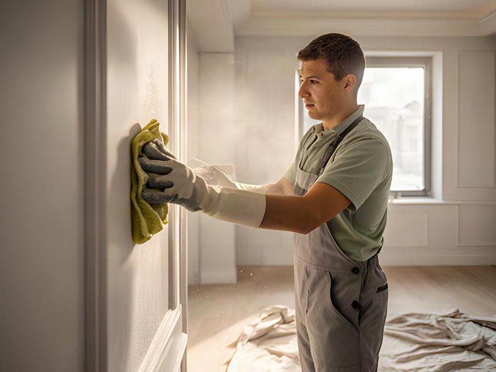 Cleaning professional wiping fine dust from a newly renovated room after construction