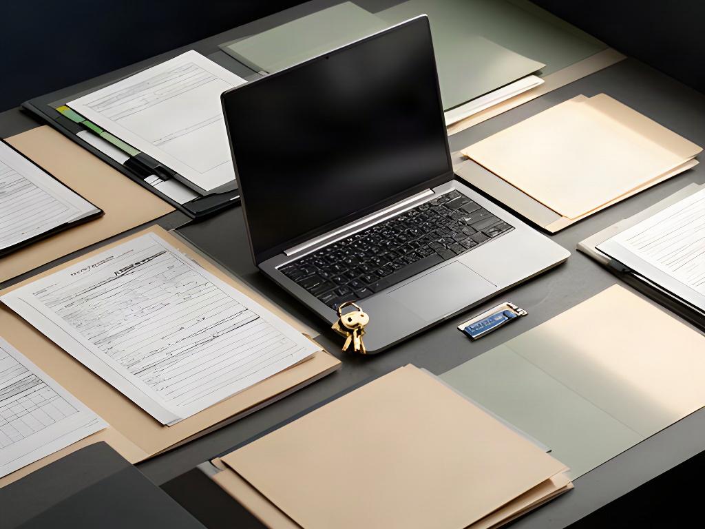Organized cleaning service records and a locked laptop on a professional office desk