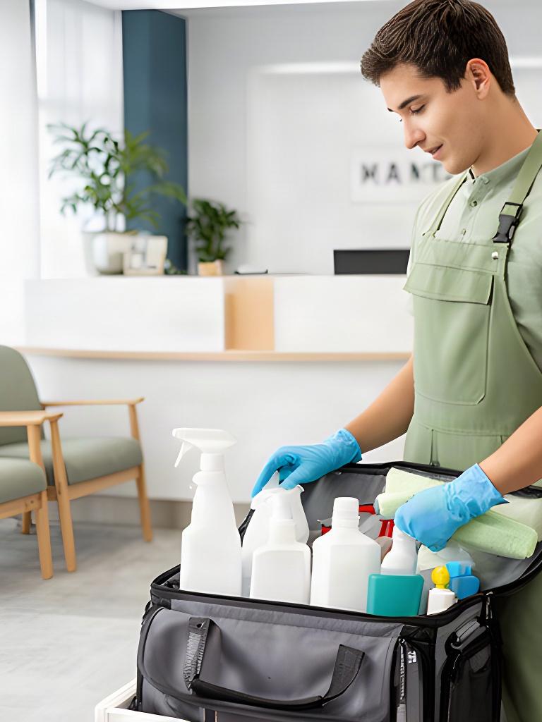 Cleaning professional preparing supplies beside a tidy office reception area