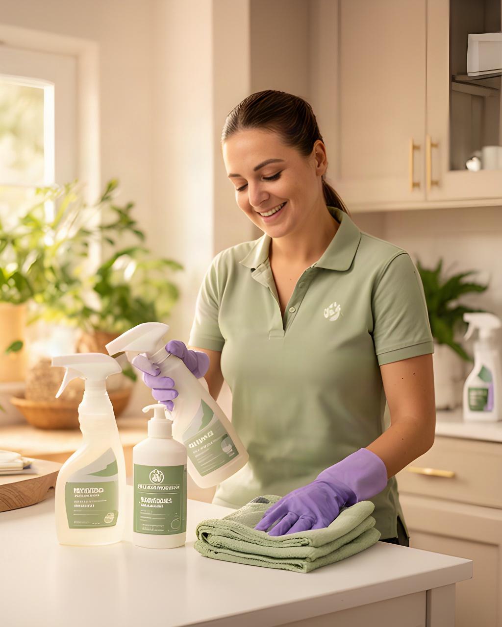 Cleaning team member arranging eco-friendly supplies in a tidy Alpena Township home