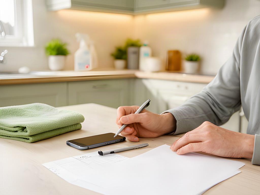 Customer booking a residential cleaning appointment at a kitchen table with service notes nearby