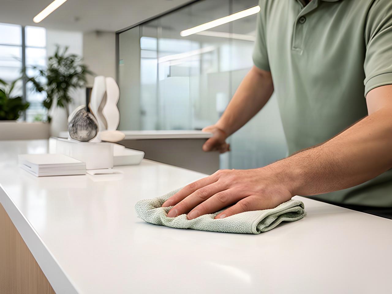 Commercial cleaner wiping a reception desk in a modern Michigan business office
